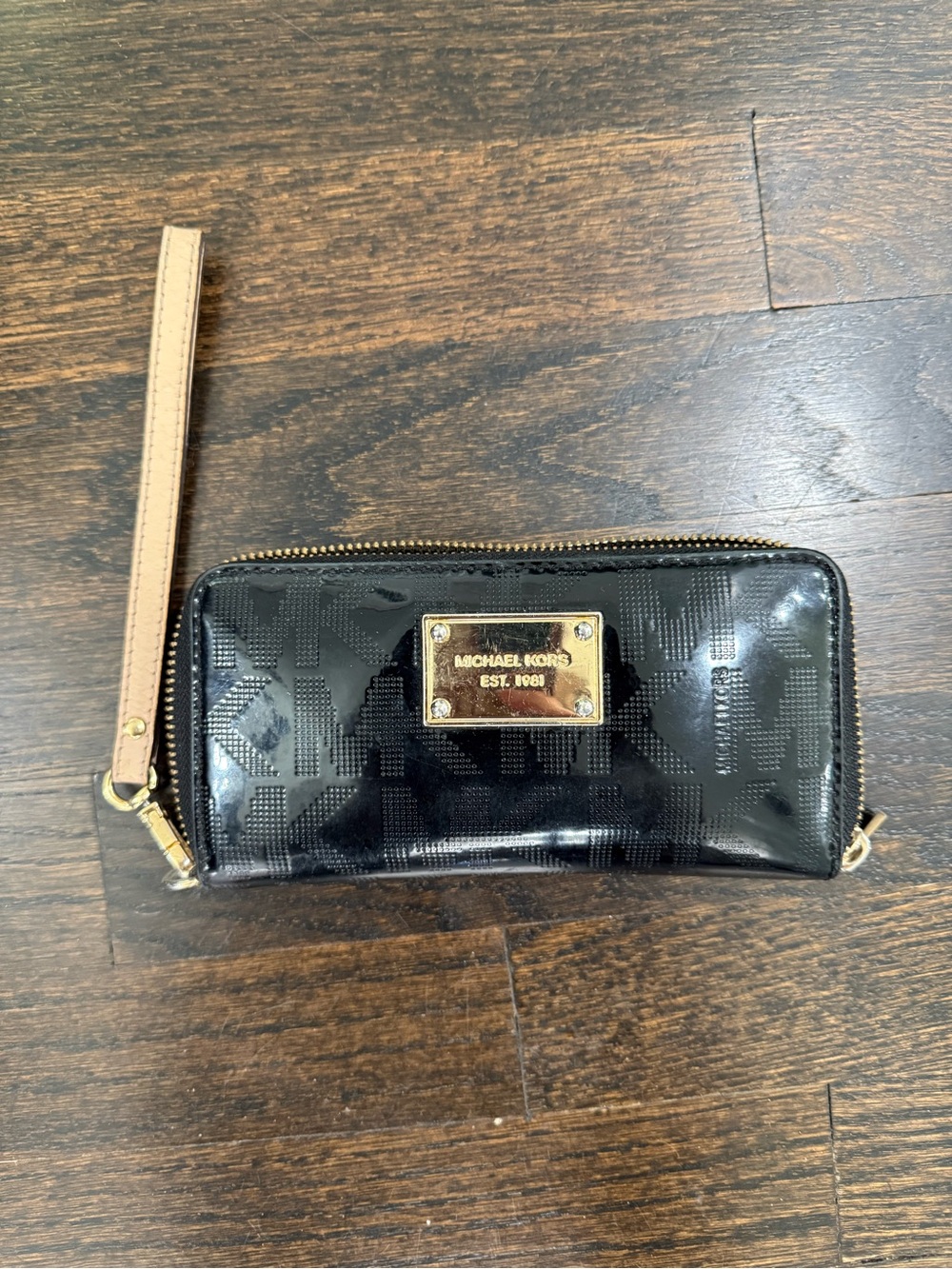 Michael Kors Black Patent Leather Wristlet Clutch with Beige Strap